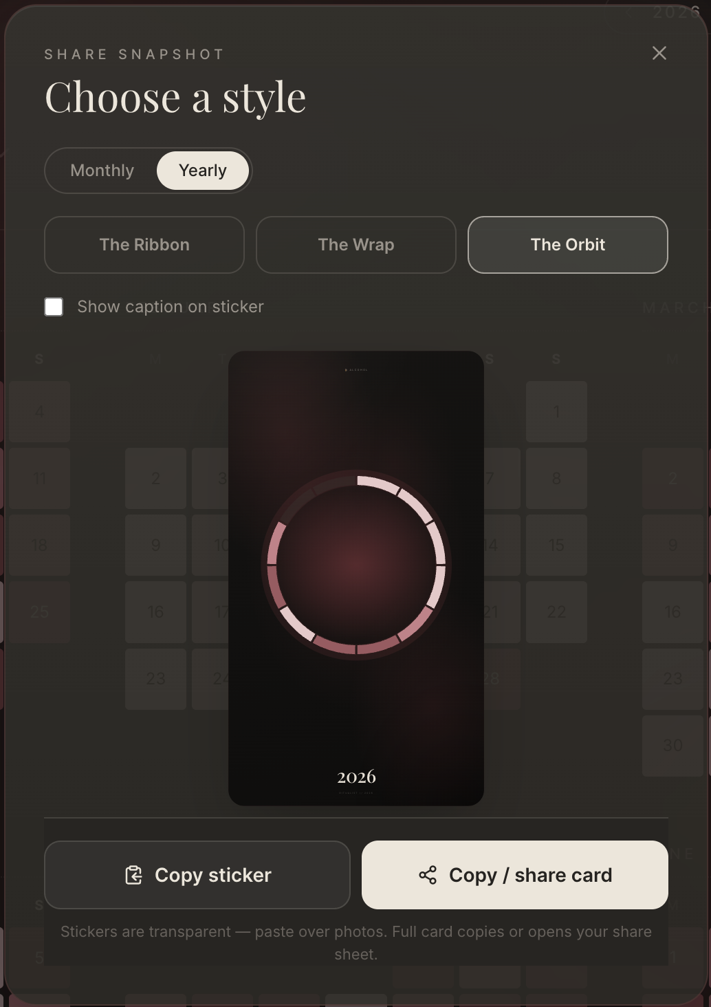 Ritualist Share snapshot dialog showing a yearly Orbit card, a ring of months in rose tones